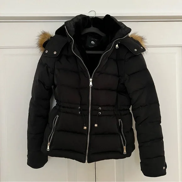 Zara ダウンpuffer jacket ZARA WOMEN NEW Hooded Long Puffer DOWN COAT Faux Fur Black